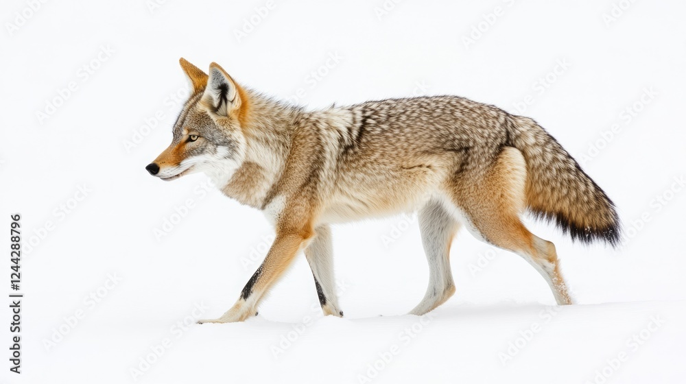 Naklejka premium Lone Coyote Strolling Through Winter Snow: A Symbol of Wildlife in Canada's Serene White Landscape