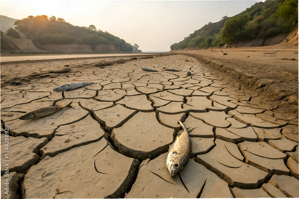 Climate Change Impact ,A dried-up riverbed with cracked earth and a dead fish, highlighting the effects of drought and environmental degradation.