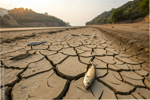 Obraz na płótnie Climate Change Impact ,A dried-up riverbed with cracked earth and a dead fish, highlighting the effects of drought and environmental degradation. w salonie