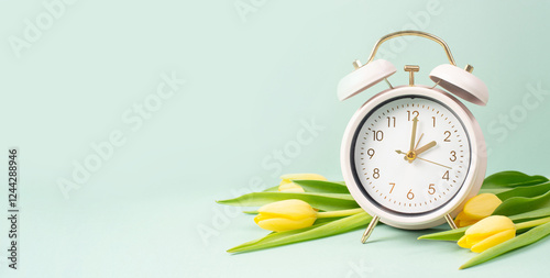 Alarm clock with yellow tulip flowers, switch to daylight saving time in spring, summer time changeover