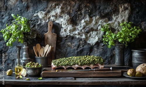 Delicious dish with herbs and pistachios prepared in rustic kitchen setting