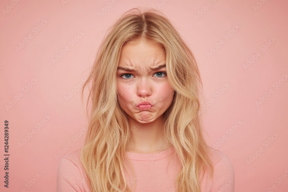Fototapeta premium Unimpressed Expression: Portrait of a Young Beautiful Blonde Girl Grimacing with Nose Wrinkles on a Vibrant Pink Background