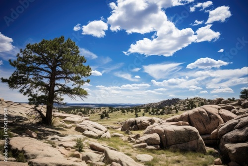 Discovering the Majestic Landscape of Medicine Bow National Forest's Vedauwoo Rock Formations amidst Blue Skies and Scenic Nature photo