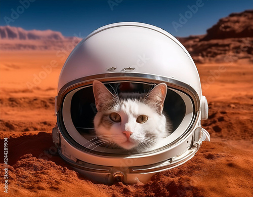 A cat nestled in an astronaut's abandoned helmet on a simulated Martian landscape.