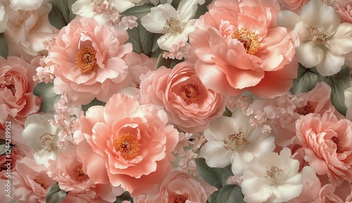 Beautiful floral pattern featuring soft pink roses and white blossoms in a li...