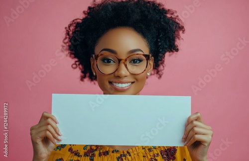 Young woman smiling while holding a blank sign in front of a pink background