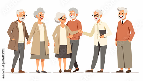 Old love couples set. Senior men, women, happy married people. Aged grandfathers, grandmothers. Elderly family. Modern older husband and wife. Flat vector illustration isolated on white background