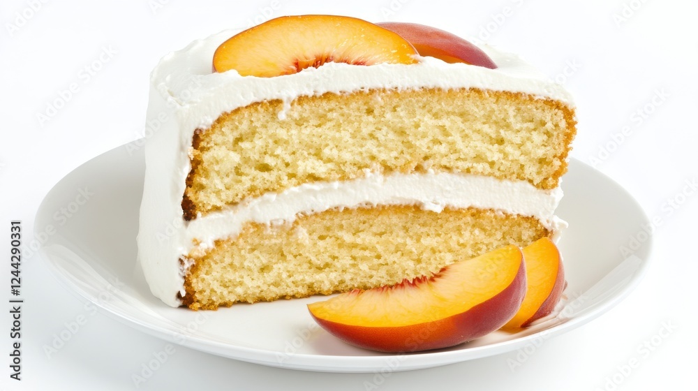 A Slice of Peachy Delight: Exquisite Vanilla Cake with Fresh Peach Toppings A Slice of Peachy Delight: Exquisite Vanilla Cake with Fresh Peach Toppings