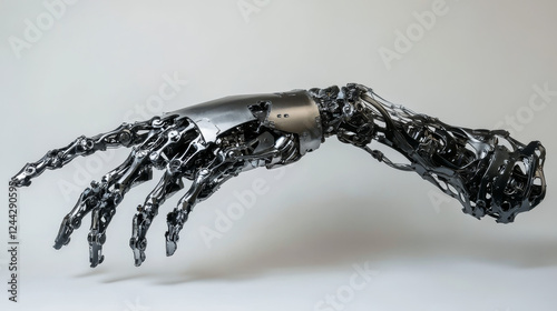 Human hand of metal, future innovation artificial technology. Vector robotic prosthesis cyborg droid mechanical arm. Robot hand with flexible fingers photo