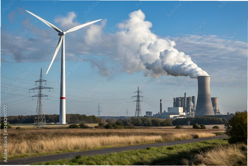 Climate Change Impact ,A wind turbine stands next to a coal power plant emitting smoke, highlighting the contrast between renewable and non-renewable energy sources. Climate Change Impact ,A wind turbine stands next to a coal power plant emitting smoke, highlighting the contrast between renewable and non-renewable energy sources.