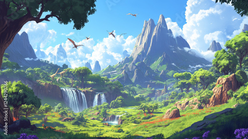 Paper cut prehistoric dinosaur silhouette with landscape and dino roam amidst verdant foliage, waterfalls and mountains. Sarcosuchus, quaesitosaurus, apatosaurus and polacanthus in natural environment