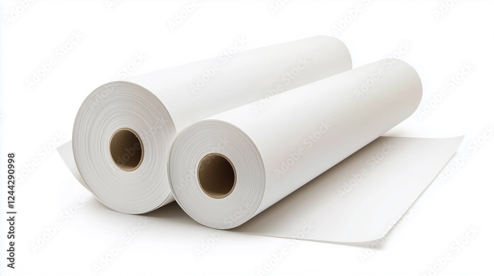 Two rolls of white paper with one unrolled sheet on a clean background for printing and crafting projects Two rolls of white paper with one unrolled sheet on a clean background for printing and crafting projects