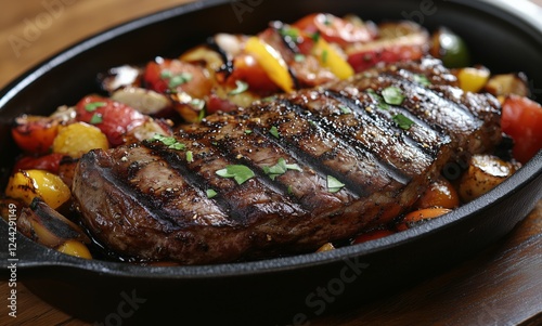 Grilled steak with colorful vegetables in a cast iron skillet served on a woo...