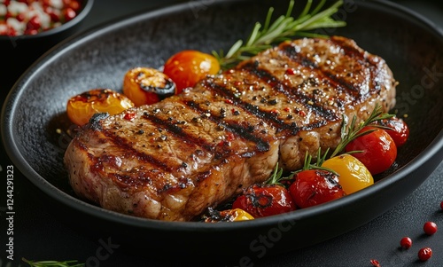 Grilled steak served with roasted cherry tomatoes and herbs on dark background