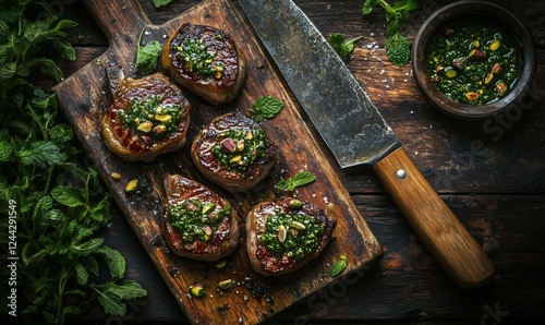 Grilled meat cutlets topped with vibrant herb sauce on a wooden board