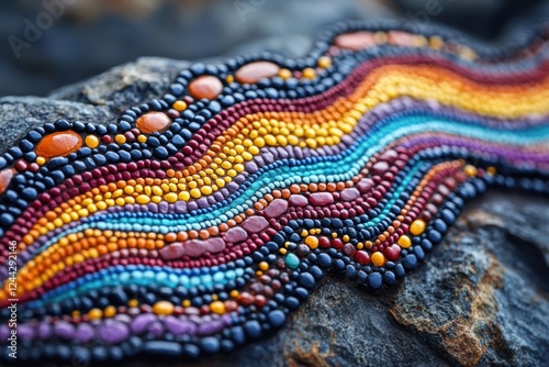 Colorful beadwork design resembling waves on a textured surface.