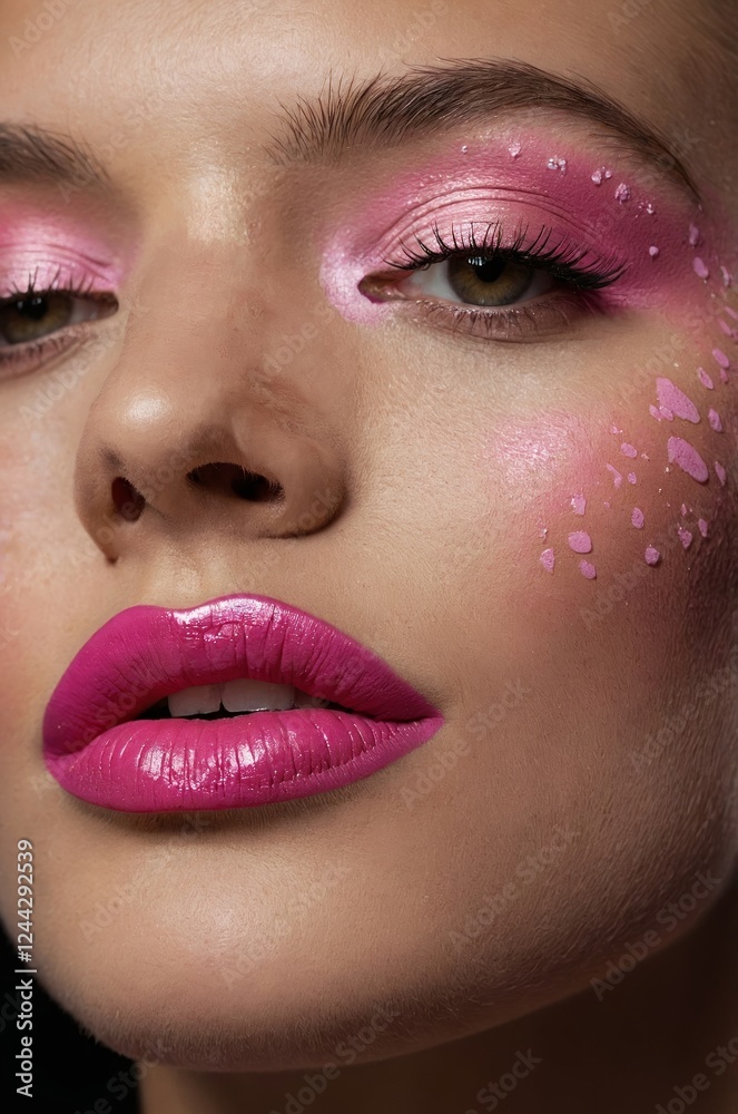 Naklejka premium Vibrant makeup artistry featuring bold pink hues and creative designs on a model's face in a studio setting