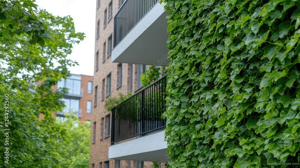 Ivy-covered apartment building exterior, urban greenery