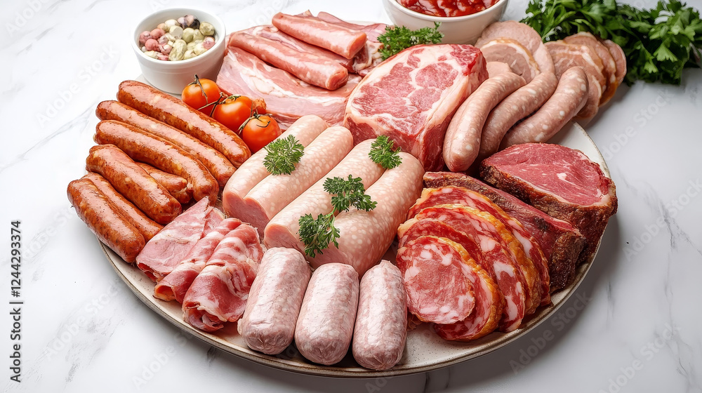 Butcher shop meat menu vector template. Bacon, salami and baton soujouk, jamon, prosciutto or beef steak. Sausage, pancetta and kielbasa, wurst, ribs or ham. Chicken and pork meat sketch Butcher shop meat menu vector template. Bacon, salami and baton soujouk, jamon, prosciutto or beef steak. Sausage, pancetta and kielbasa, wurst, ribs or ham. Chicken and pork meat sketch