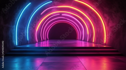 Bright neon lights create a vibrant tunnel atmosphere in modern urban setting