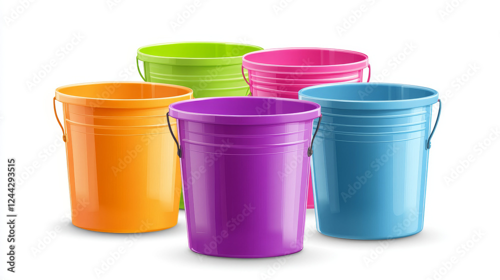 Plastic buckets, trash cans and containers realistic mockup. Household or laundry colorful buckets with handle, ice cream or mayonnaise packaging isolated vector mockups, realistic trash containers Plastic buckets, trash cans and containers realistic mockup. Household or laundry colorful buckets with handle, ice cream or mayonnaise packaging isolated vector mockups, realistic trash containers