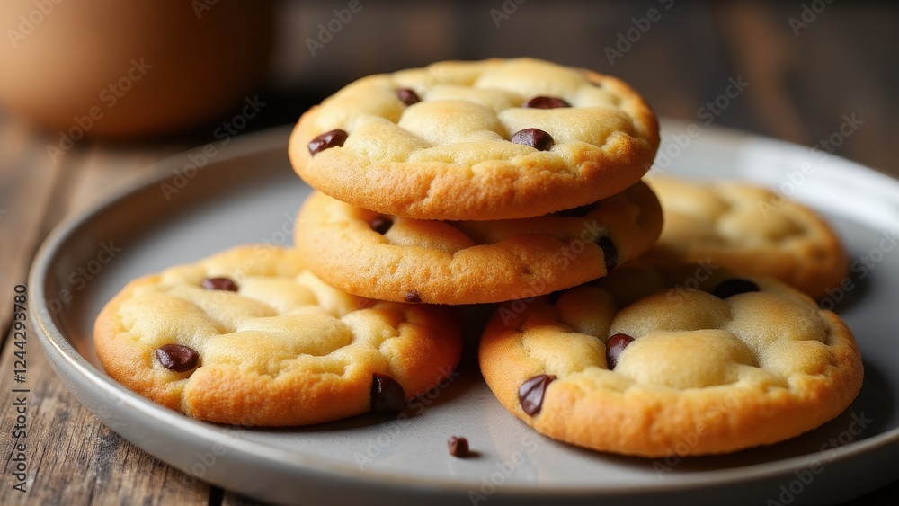 A stack of chocolate chip cookies on a plate, showcasing their golden-brown texture and delicious appearance. A stack of chocolate chip cookies on a plate, showcasing their golden-brown texture and delicious appearance.