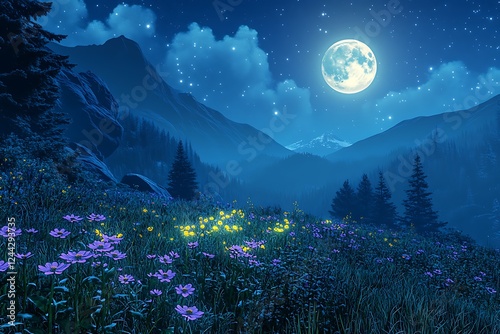 A tranquil alpine meadow glowing under the full moon, with luminous wildflowers and a vivid starry night.