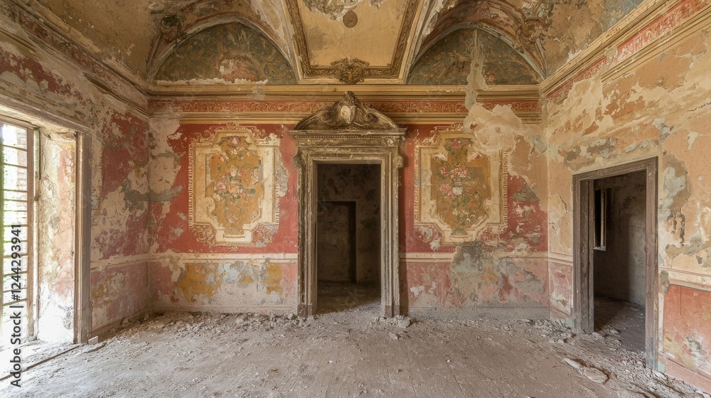 Exploring an abandoned historic villa with peeling paint and crumbling walls in a quiet, overgrown location