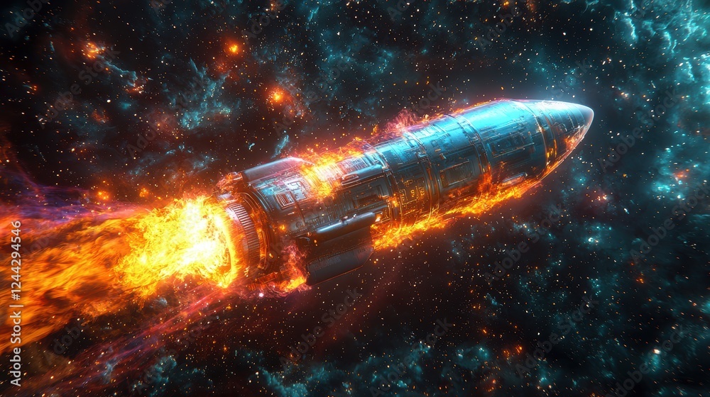 Fototapeta premium A rocket launching through space, surrounded by colorful cosmic elements.