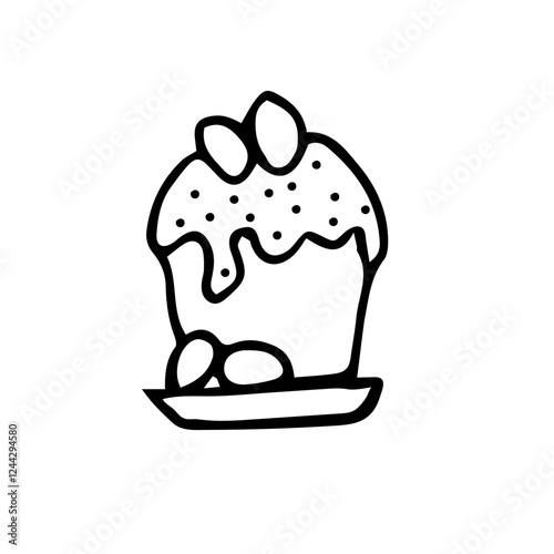 Hand-Drawn Black and White Easter Cake with Sprinkles and Eggs on a Plate