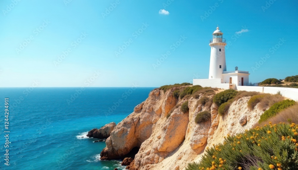 Iconic white lighthouse on Formentera clifftop, azure sea backdrop, cliff, image Iconic white lighthouse on Formentera clifftop, azure sea backdrop, cliff, image