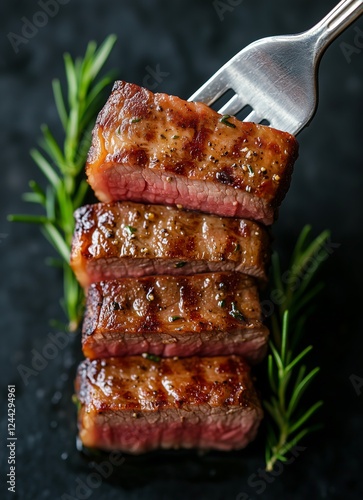 Grilled steak slices garnished with fresh rosemary on a dark background