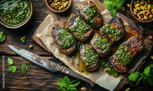 Grilled meat with green sauce served on rustic wooden table with herb garnish...