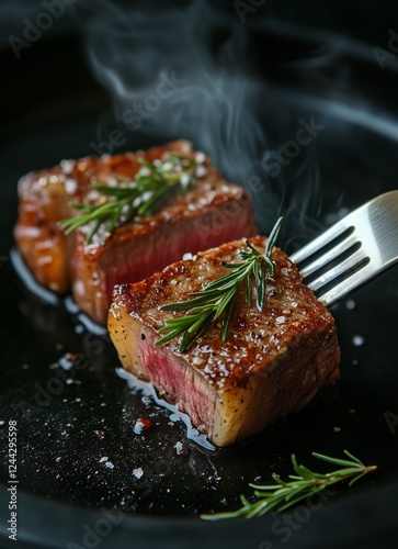 Juicy grilled steak served with fresh herbs on a black plate in a cozy setting
