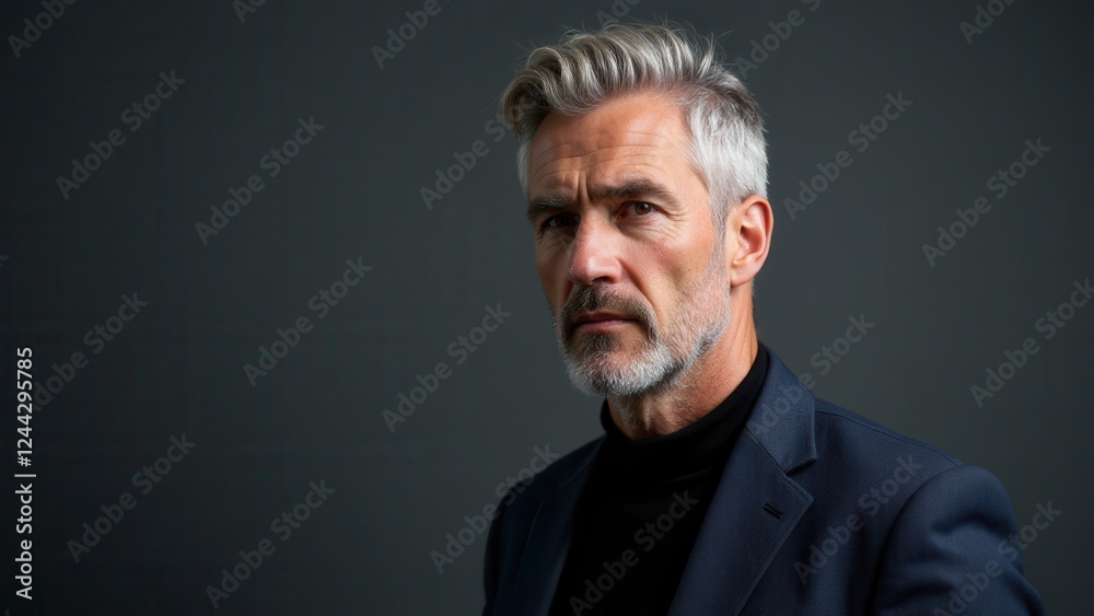 A senior man with stylish gray hair wearing a dark suit and black turtleneck, showcasing a modern haircut for senior men. A senior man with stylish gray hair wearing a dark suit and black turtleneck, showcasing a modern haircut for senior men.