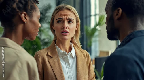Three people in discussion at office with emphatic expressions and gestures