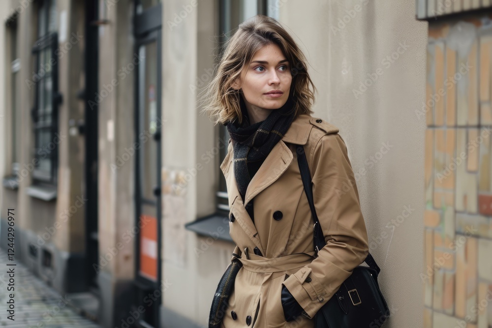 Fototapeta premium Fashionable woman wearing a trench coat and scarf in an urban setting, looking away