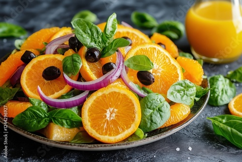 Fresh orange and spinach salad with olives and onions at a dining table durin...