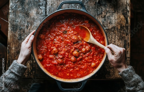 Hearty homemade tomato sauce simmering in a pot with meatballs and spices on ...