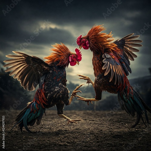 roosters fighting, dramatic background photo