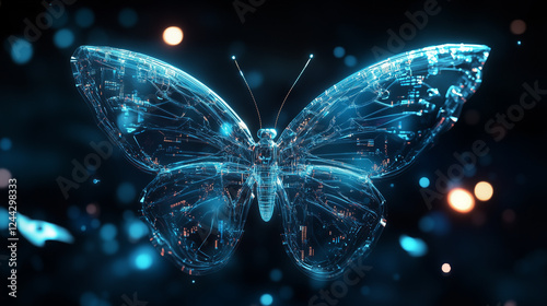 Futuristic techno butterfly with holographic wings, circuit-like patterns pulsing with energy, and a glowing iridescent effect. Neon particles and dark digital background. Sci-fi concept art.