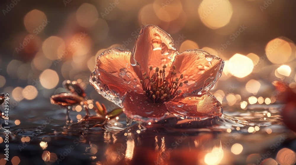 Fototapeta premium Delicate blossom shimmering in water droplets during a serene sunset moment