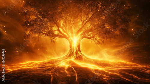 A towering Tree of Life at the center of Eden, its roots glowing with an ethereal energy
