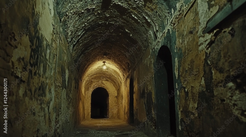 Fototapeta premium Exploring the ancient underground passage with dim lighting and weathered walls in an old structure