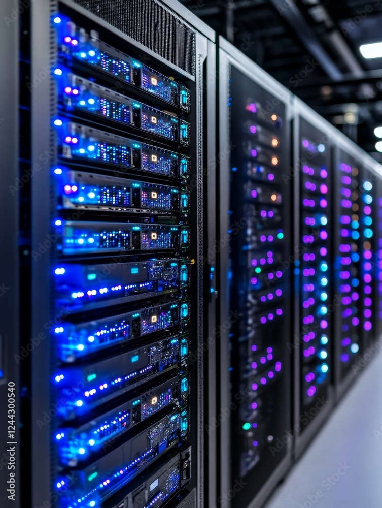 Advanced Technology Server Room Setup - High-tech data center, powerful servers, network infrastructure, digital technology, future innovation. Advanced Technology Server Room Setup - High-tech data center, powerful servers, network infrastructure, digital technology, future innovation.