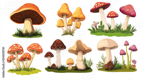 Mushrooms isolated icons. Edible mushroom champignon and chanterelle, woolly milkcap porcini and cep, russule blewit and milk mushroom. Vector set of honey agaric or forest morel and truffle