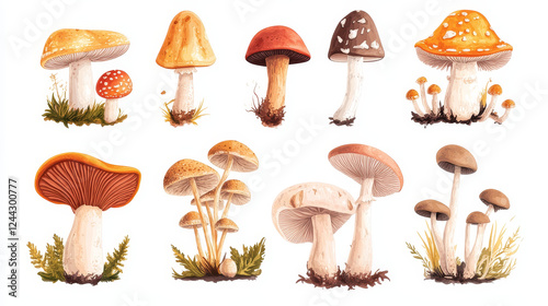 Mushrooms isolated icons. Edible mushroom champignon and chanterelle, woolly milkcap porcini and cep, russule blewit and milk mushroom. Vector set of honey agaric or forest morel and truffle