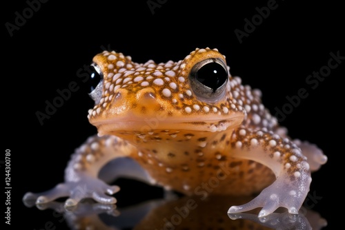 Small orange amphibian with white spots resting on a reflective black surface photo