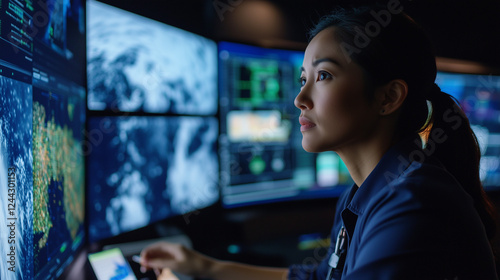 Asian Meteorologist Analyzing Storm Patterns on Weather Map in Professional Studio Setting photo