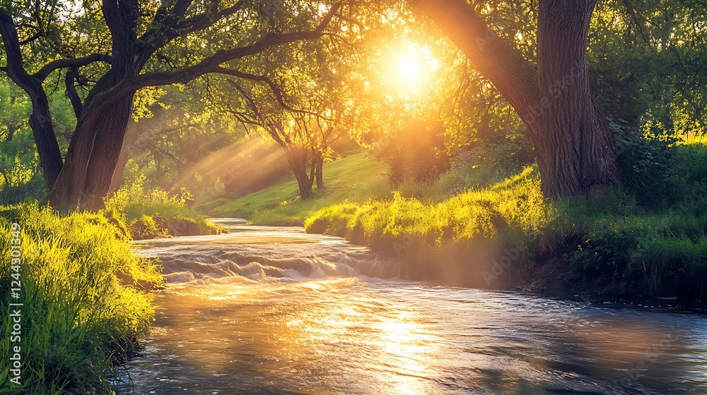Obraz premium A tranquil river flowing through a forest of ancient oak trees with sunlight filtering through the leaves